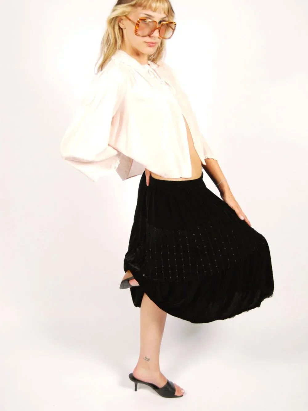 Y2K Velvet Midi Skirt (XL) black vintage sequins peasant boho cute diva preppy